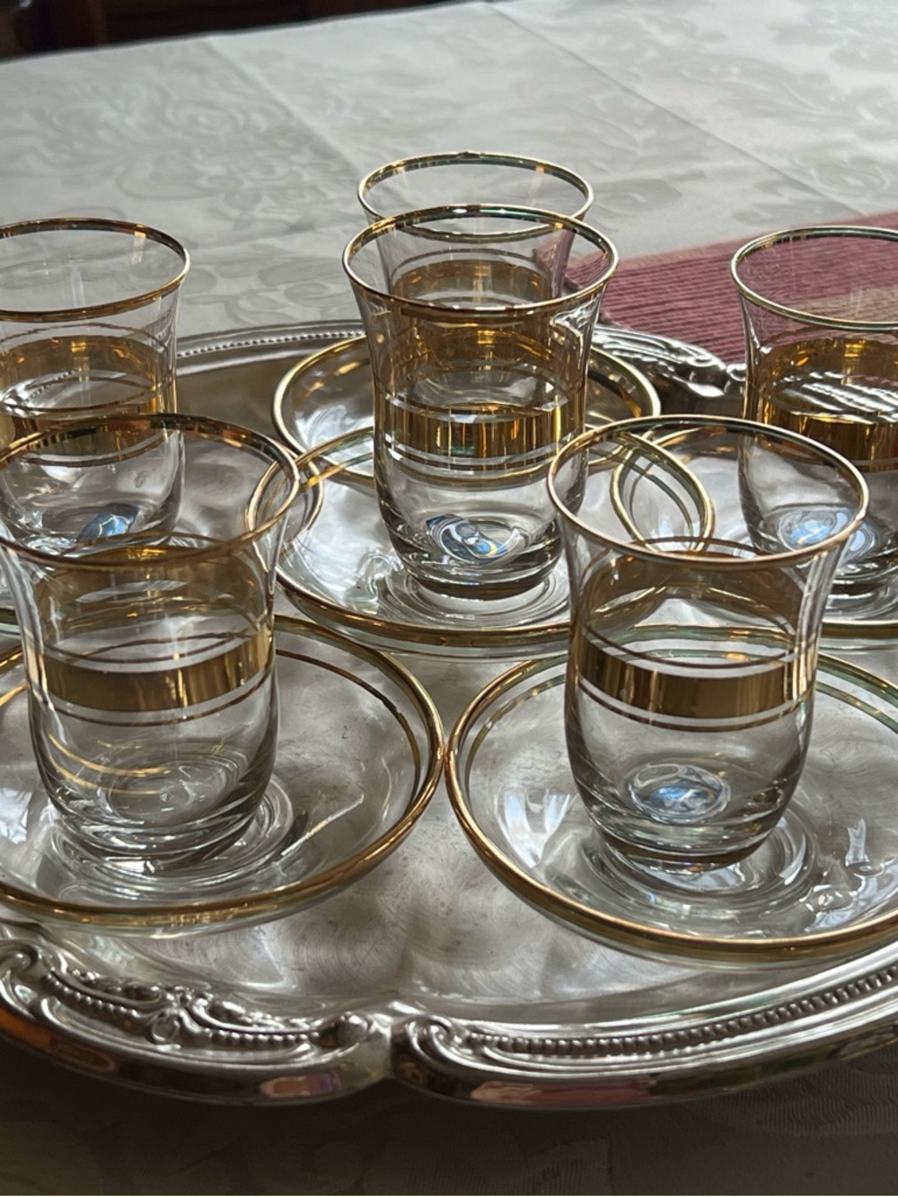 Vintage Turkish Pasabahche Tea Cups 6 sets, Gold Rim Accents, tray NOT included.